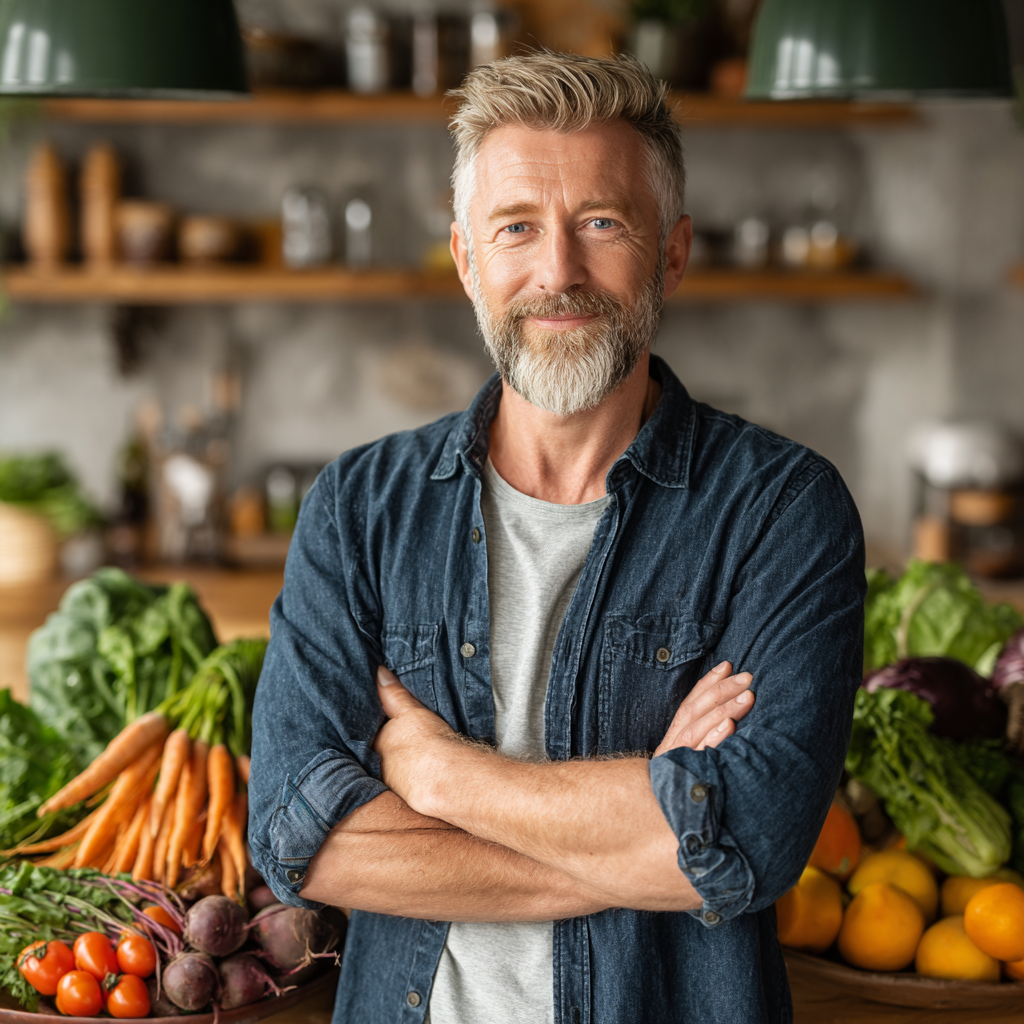 Confident 45-year-old man in casual clothing holding fresh vegetables and fruits while standing in bright kitchen, representing healthy lifestyle choices