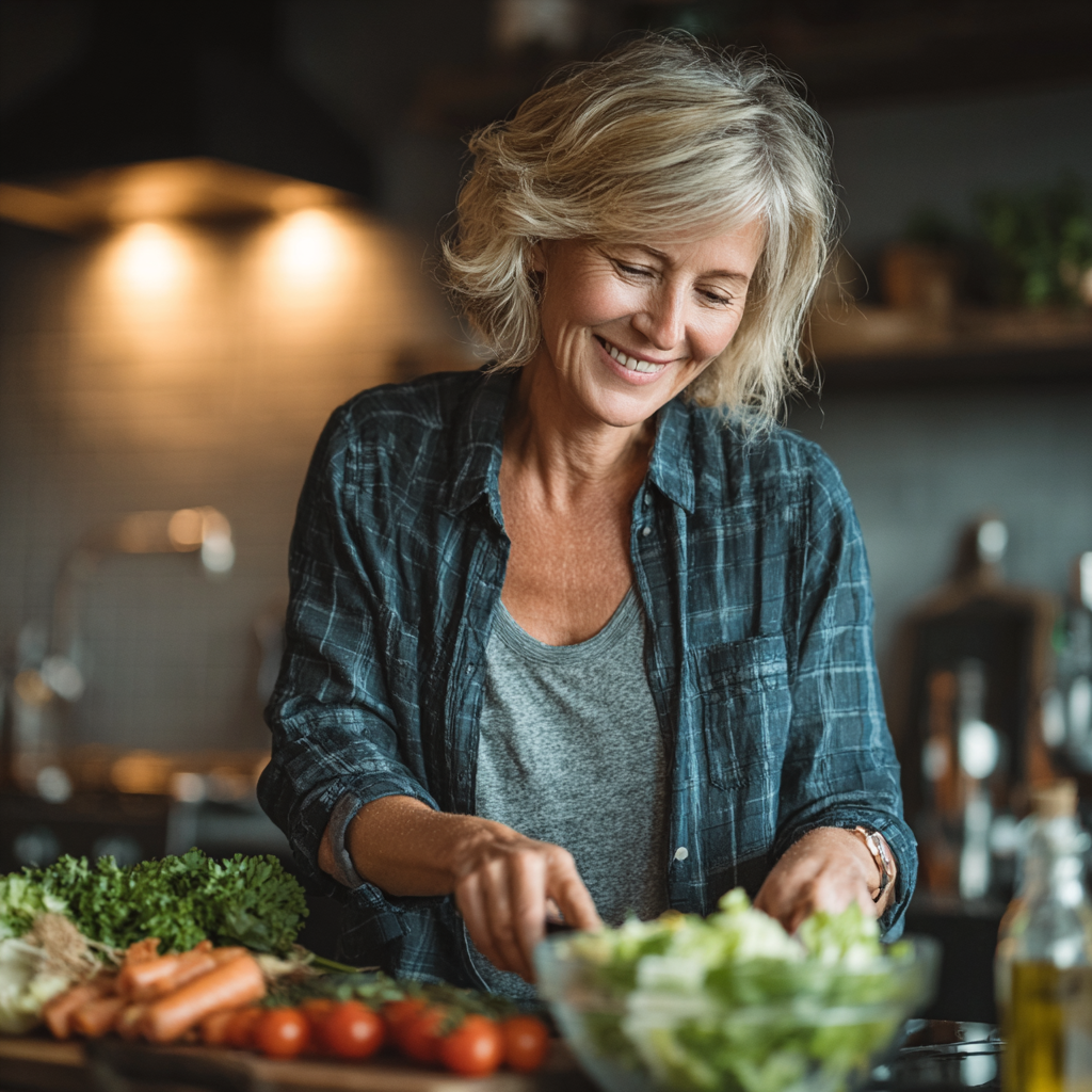 Healthy middle-aged woman in her 50s smiling while preparing fresh salad in modern kitchen, representing wellness and nutrition planning