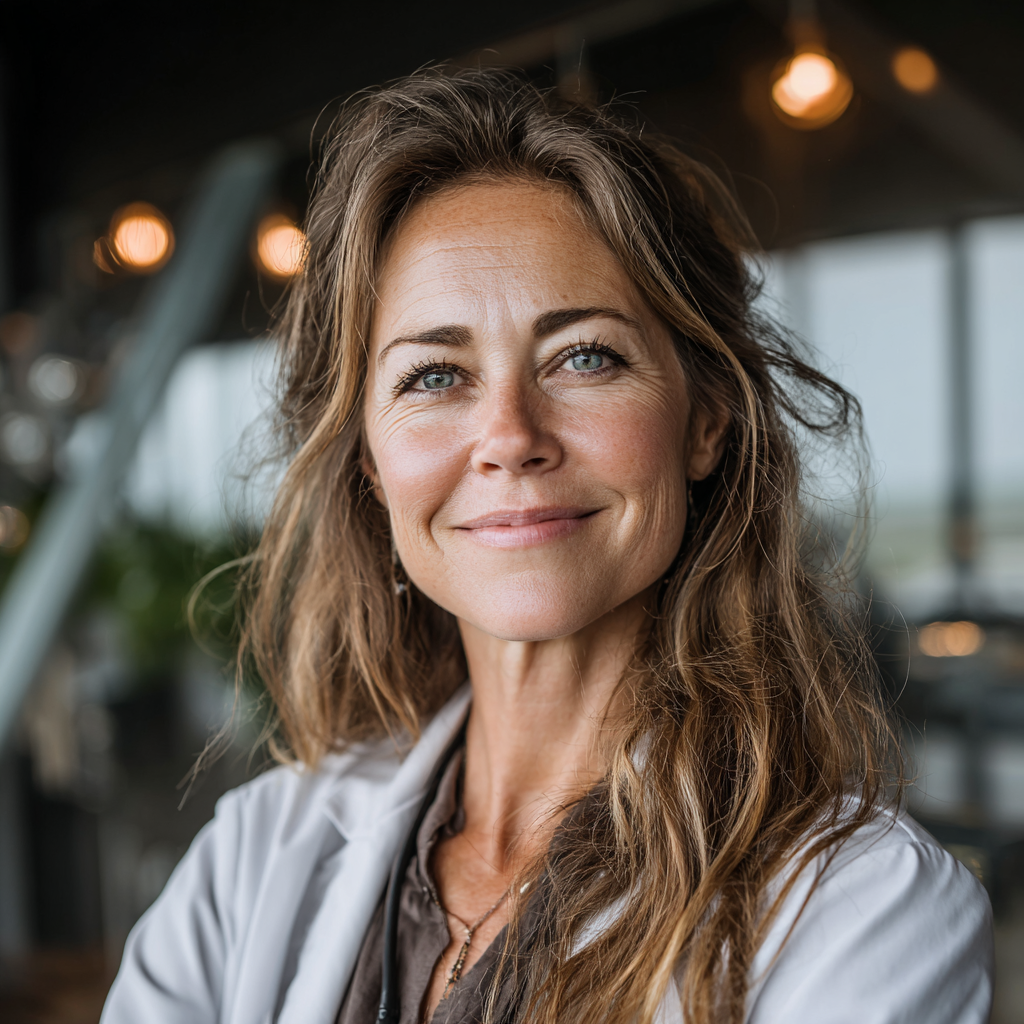 Professional nutritionist woman in her early 50s wearing white coat and smiling confidently in modern office setting, representing expert nutrition counseling